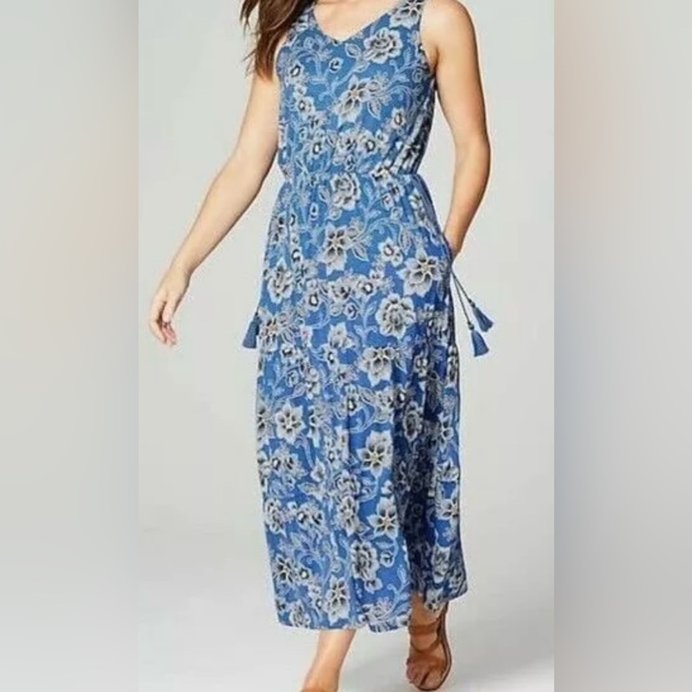J.Jill Sleeveless Coastal Jersey Floral Tassel Detail Maxi Dress ZB12